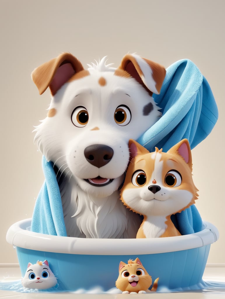 cão e gato a tomar balho com shampo e toalha