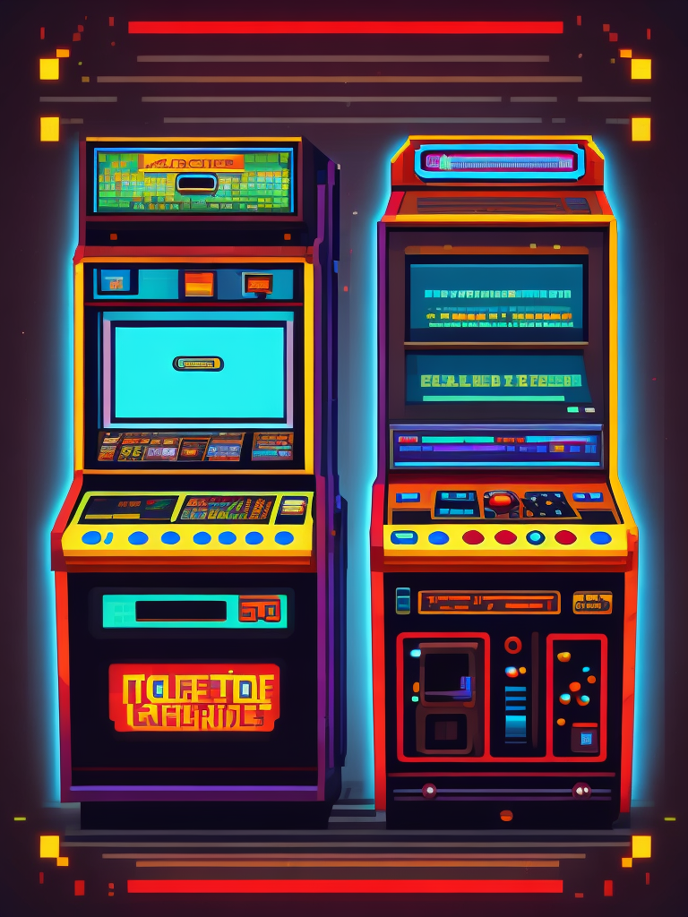 Vibrant Arcade machine, 90s style, deep colors, pixel art style 64 bit