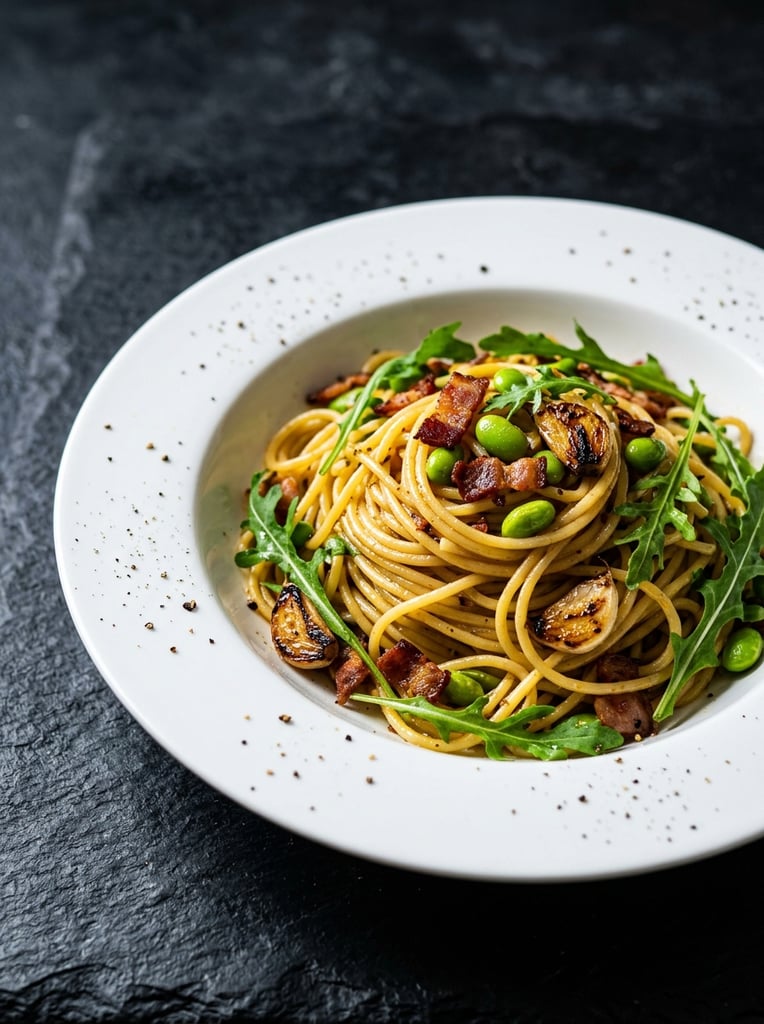 A high-contrast close-up of glossy spaghetti in a wide-rimmed white plate resting on a dark, textured slate surface. The golden pasta is tossed with crispy bacon bits, bright green edamame, and a roasted garlic clove, garnished with jagged fresh arugula leaves. Scattered coarse black pepper flakes dot the pristine white rim. Crisp directional lighting highlights the oily sheen of the noodles against the moody, expansive negative space of the dark table below.