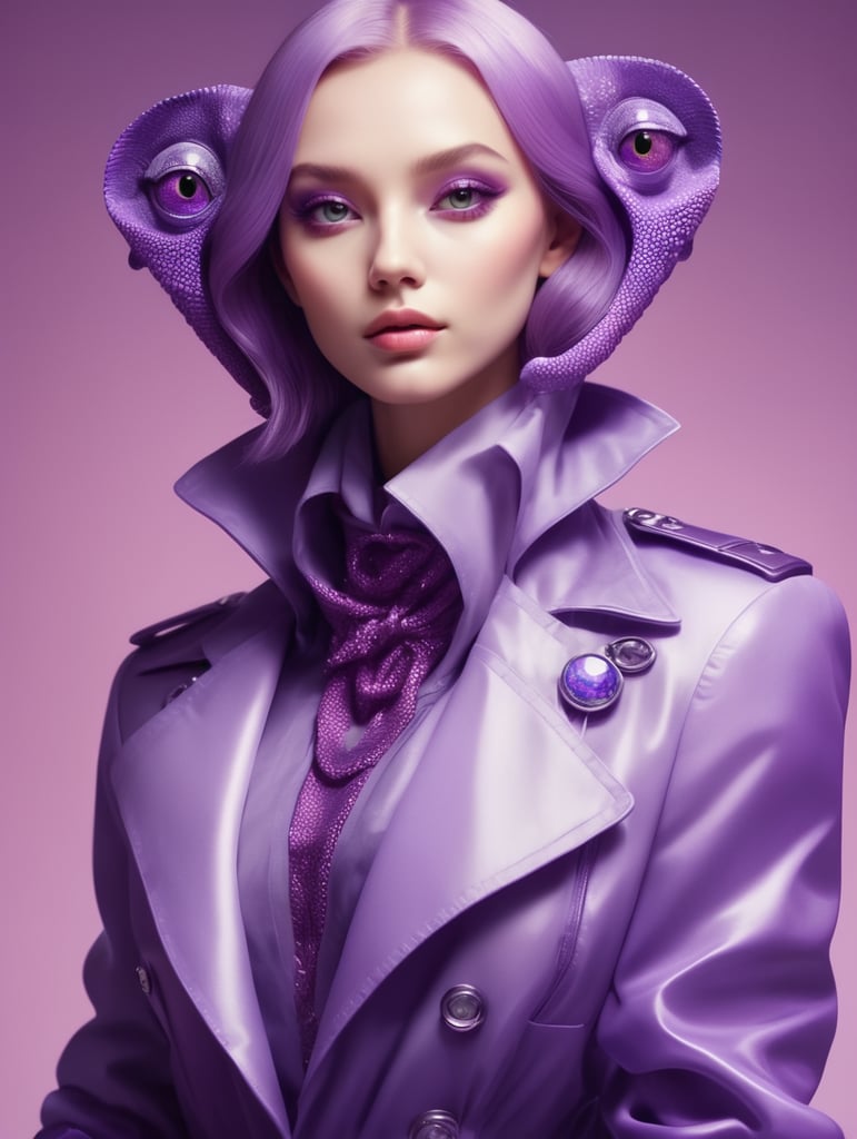 Purple chameleon in the style of clear neo-pop illustrations in stylish clothes, mysterious characters, bright close-up