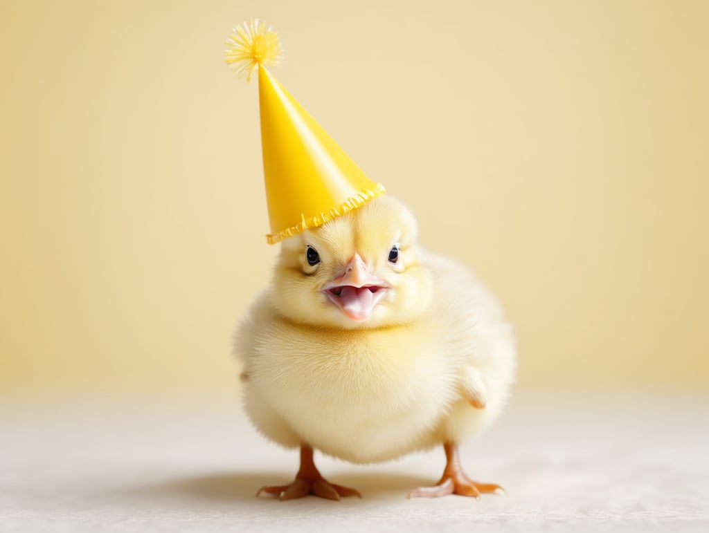 portrait of a Yellow Baby Chick Singing Happy Birthday, stands front camera with birthday cap, happy birthday image