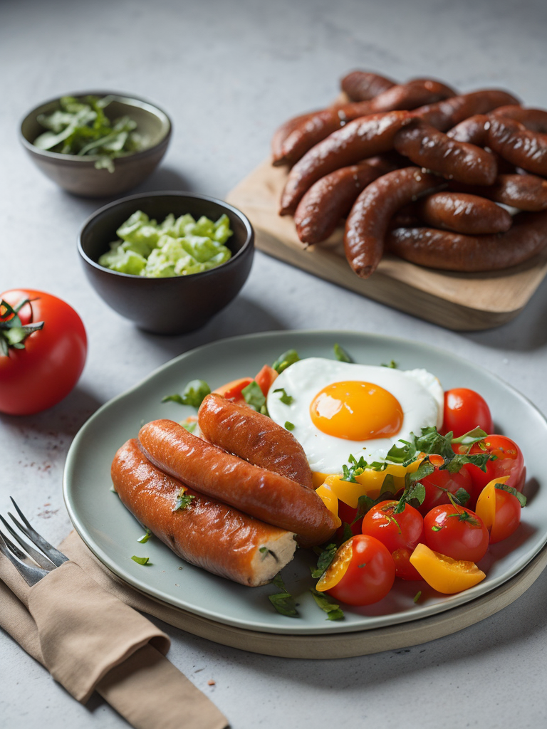 Завтрак из колбасы на тарелке жаренная колбаса яйцо и помидоры в заднем фоне полукопченая колбаса