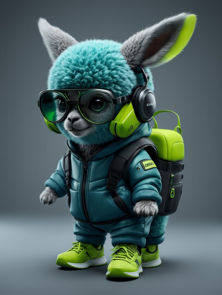 cute stylish Alpaca dressed in stylish futuristic sportswear clothes, big sneakers and a futuristic glasses green blue hesh