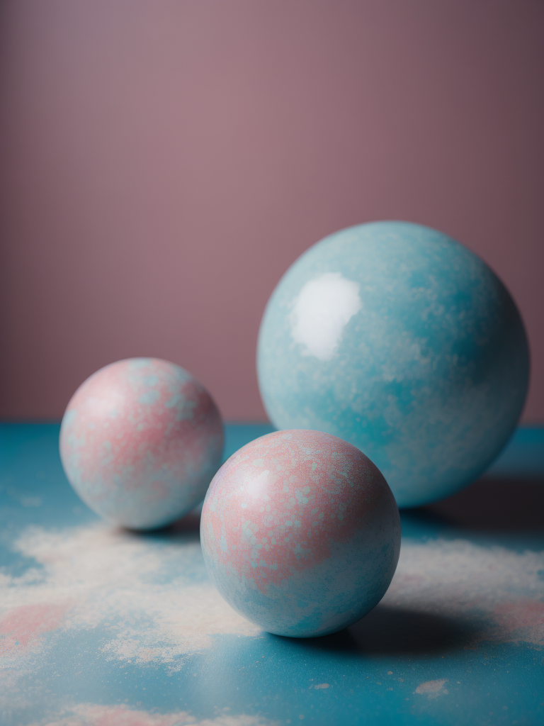 balls of unstirred paint marbling floating loosely in a empty photo studio, Emulsified, bubbles, liquids, oil layered on top, unmixed, studio lighting , mostly pink and light blue, but also some slightly deep white colours, trending on artstation, swirly, slick , powder, deep creases, relief, intricate, hdr, bokeh, photography, high entropy, 2 huge balls