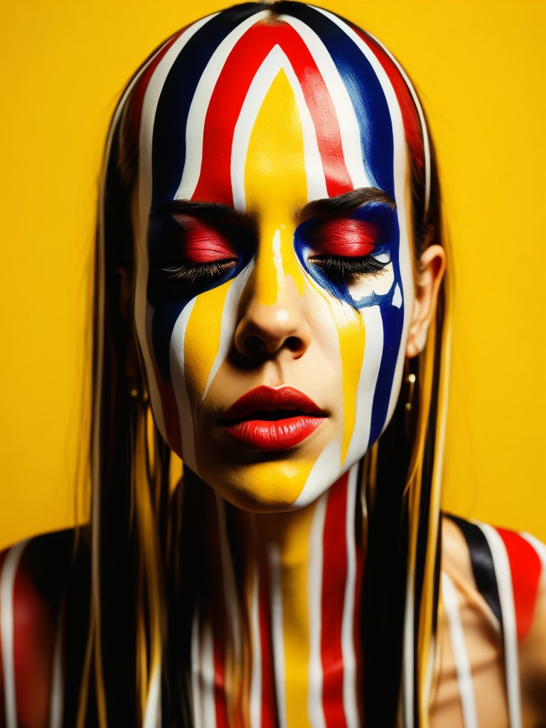 Portrait of a girl with a painted face and paint flowing from her face, closed eyes, yellow background