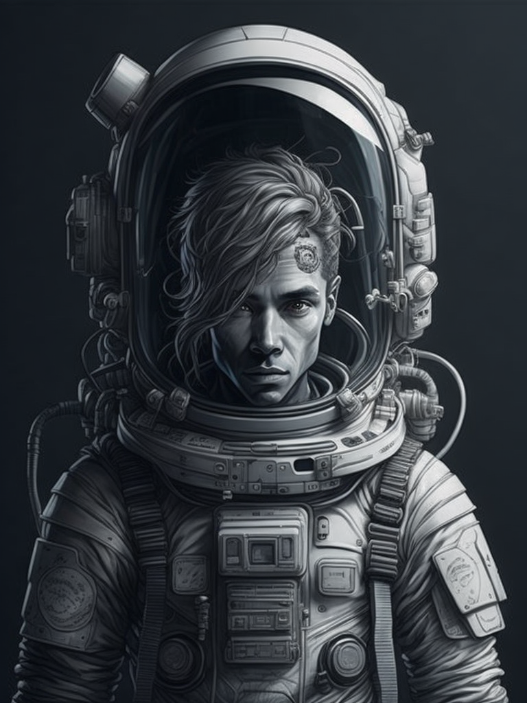 A black and white drawing of an astronaut, an ambient occlusion render by esao, cgsociety, space art, sci-fi, chillwave, ue5