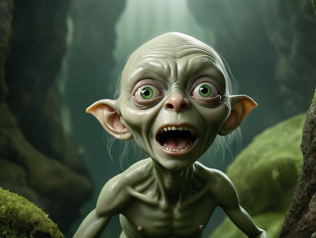 Green Gollum Sméagol by Tiago Hoisel with beauty queen, Scary background, Depth of field, Incredibly high detail