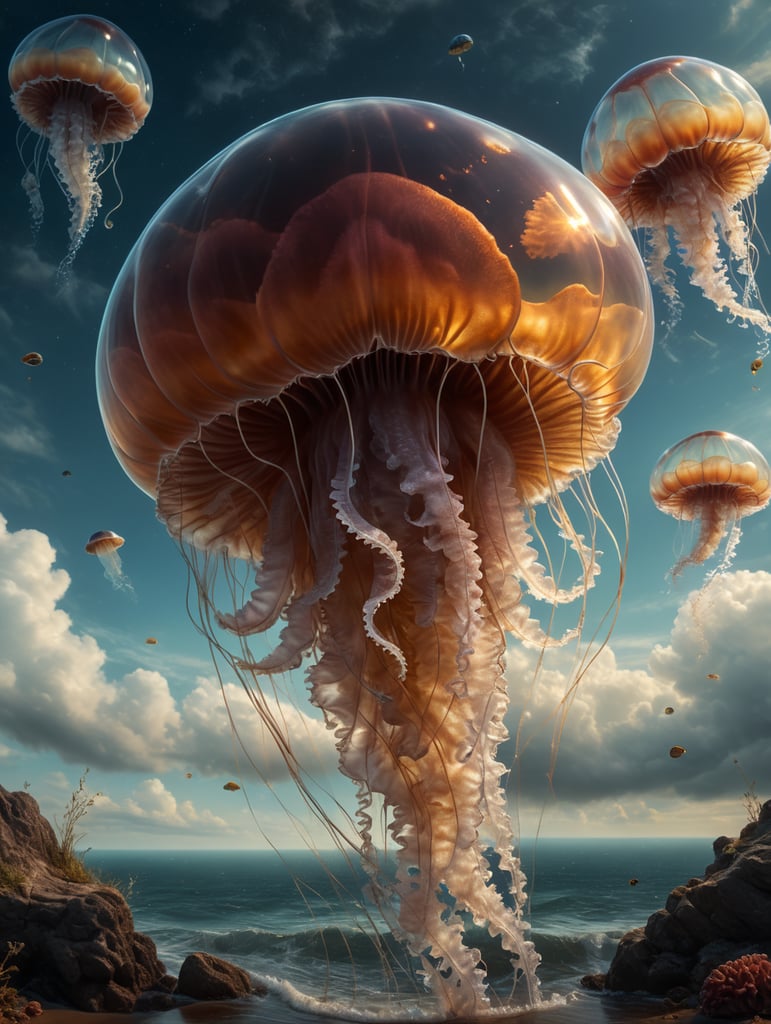 A hyper-realistic and highly detailed picture of a jelly fish in the sky, tiny fish on land, against a dreamy background.