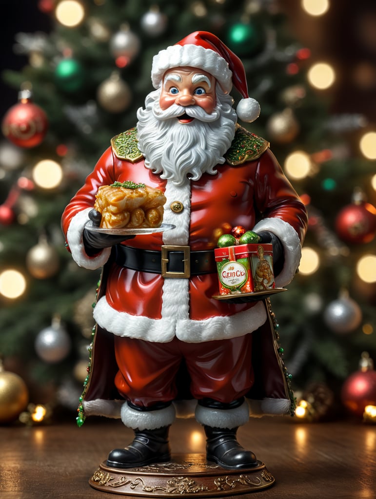 santa claus small glass glass figure, christmas toy for the christmas tree, embalagem de produtos congelados na mão esquerda, e a segurar um prato típico português de bacalhau assado.