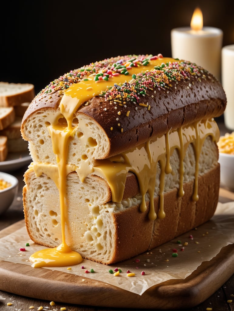 roti long john dengan toping meses dan keju yang melayang jatuh ke roti, shot dengan camera sony a7 mark iii, lensa leica f1.8 77mm, super resolusi