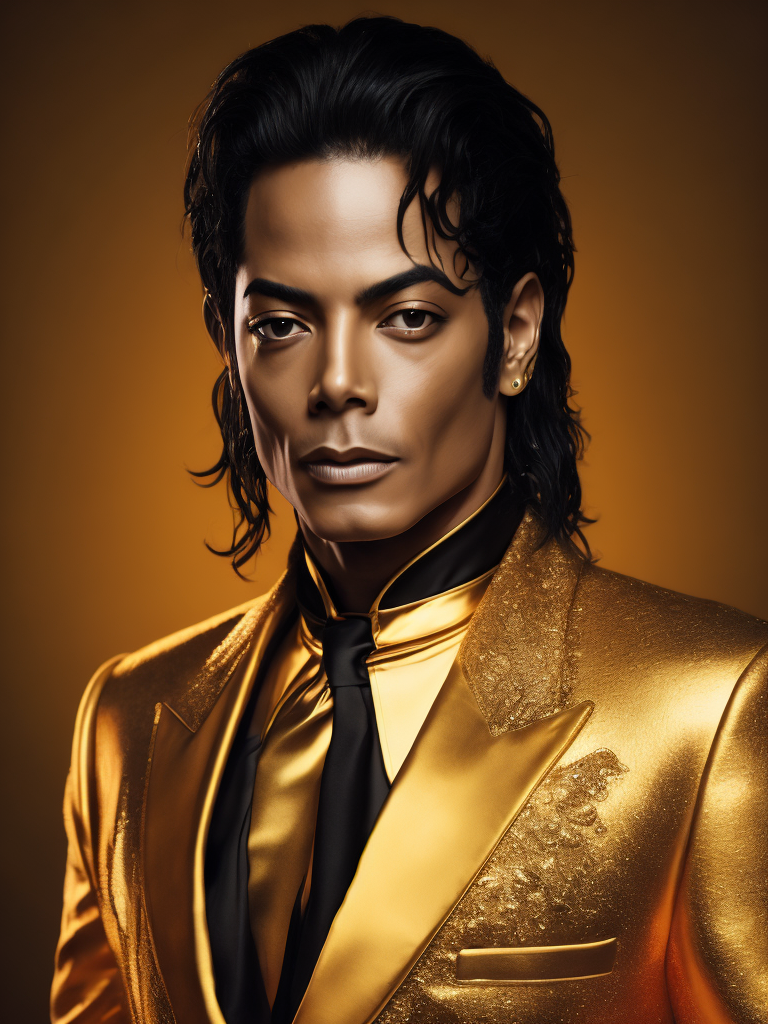 Portrait of Michael Jackson dressed in golden chrome suit, dark gradient background, Vivid saturated colors, Contrast light, studio photo, professional photo, Detailed image, detailed face
