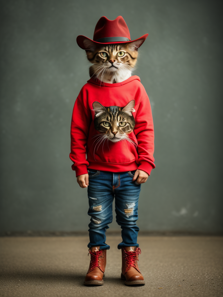 cat in blue jeans and a red t-shirt with a cowboy hat and green boots