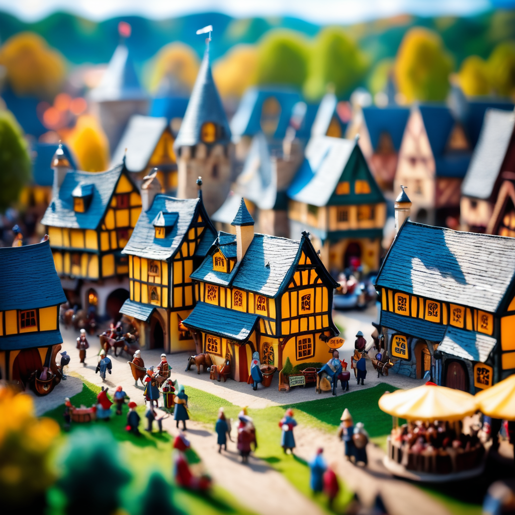 A medieval-inspired creative concept is depicted in a tilt-shift photograph capturing the joyful ambiance of a village fete and fair