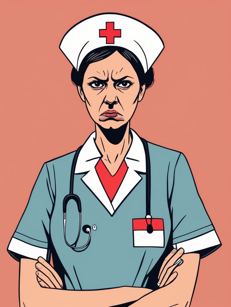 an angry nurse, Illustration, Flat Style, France, style of Jean Jullien