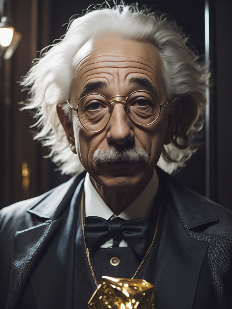 cinematic photo of Albert Einstein in rapper style. Dressed in a flashy suit, sunglasses perched on his nose, holding his Nobel Prize in his mouth like a true boss. Money raining down around him, crisp dollar bills fluttering in the air. A sleek sports car in the background, doors open, ready to ride. Einstein's confident smirk, a swagger in his stance, the embodiment of intellectual cool and unapologetic brilliance. 35mm photograph, film, bokeh, professional, 4k, highly detailed, vibrant, stunningly beautiful, high contrast, ultra-modern