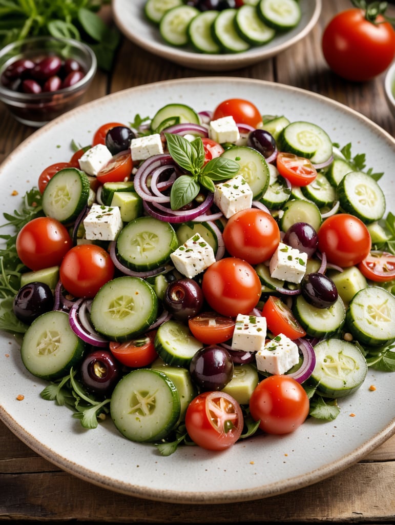 Greek Salad, small plate on a wooden table, Description: A refreshing Mediterranean salad with cucumbers, tomatoes, red onions, Kalamata olives, and feta cheese, drizzled with olive oil and sprinkled with oregano.