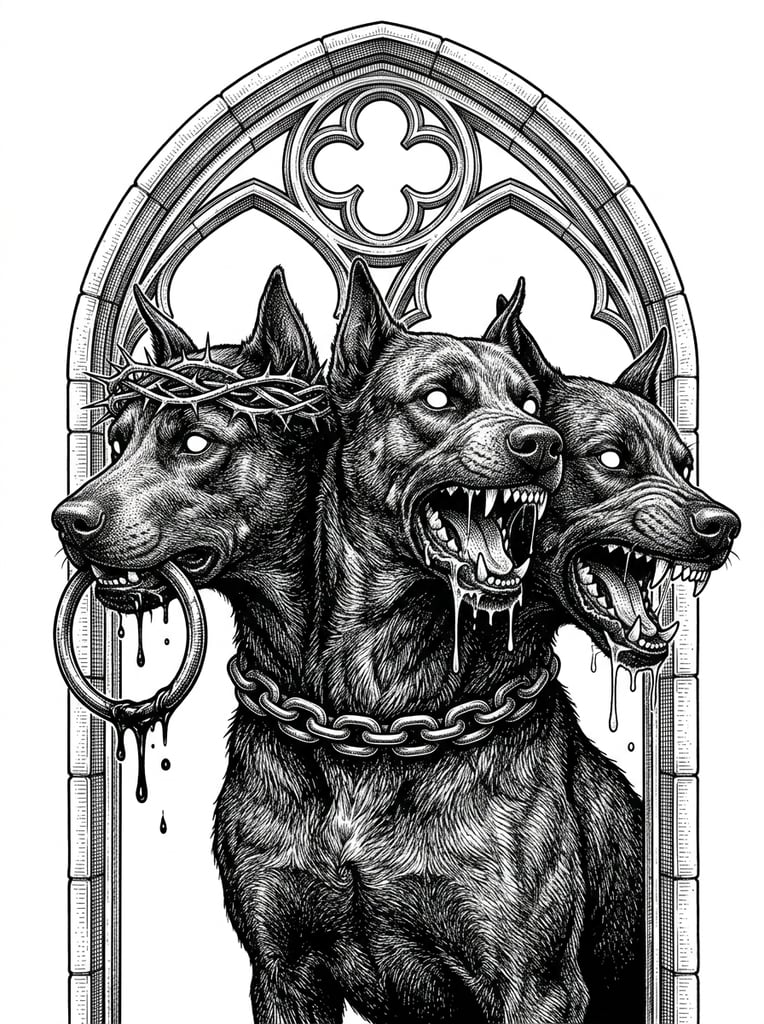 A detailed black and white ink illustration features a three-headed hound framed by a Gothic stone window arch. Dense stippling and meticulous hatching render the creature's intensely textured fur. A massive, thick chain collar encircles its unified neck. The leftmost head turns backward, wearing a woven crown of thorns and clenching a large circular ring in its jaws, dripping thick saliva. The center and right heads face outward with open, drooling jaws exposing sharp teeth. All three sets of eyes are solid, pupil-less white. Precise architectural linework forms a quatrefoil tracery design at the arch's apex against a stark white background. The piece utilizes high-contrast classical engraving techniques, evoking a macabre dark fantasy aesthetic.