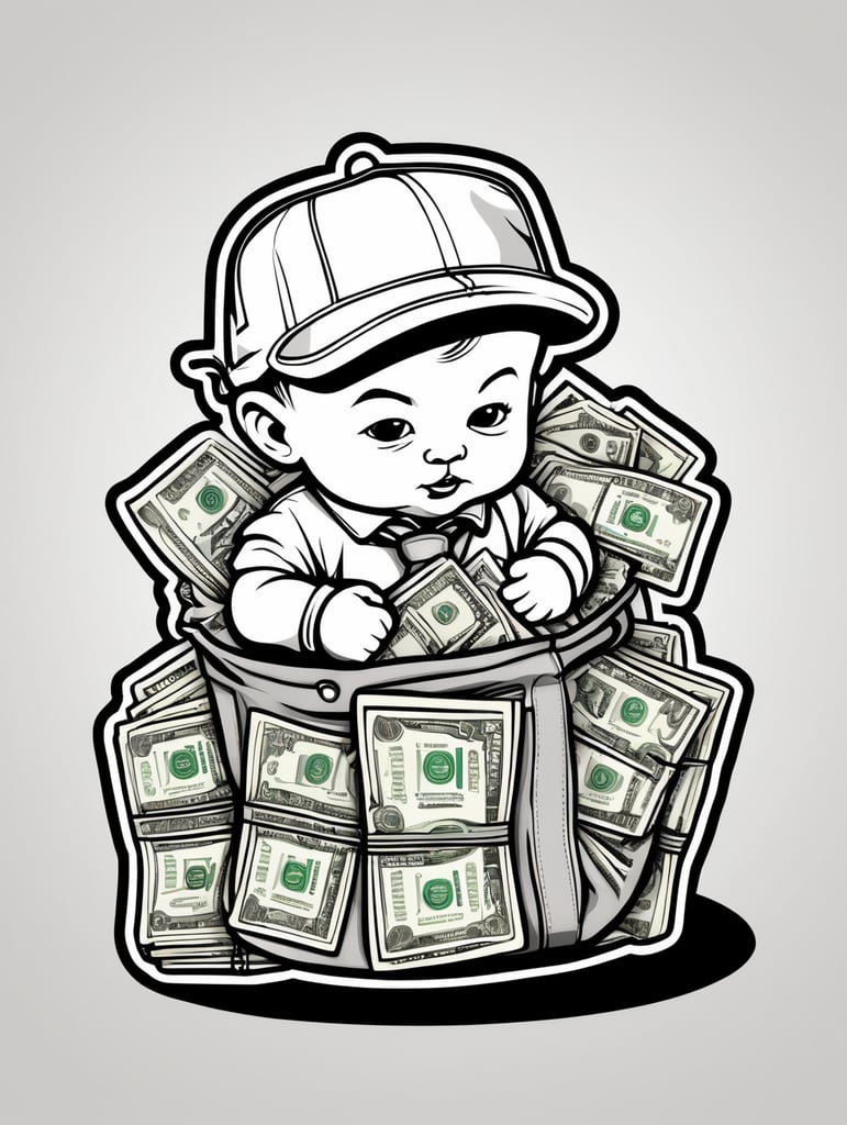Gangsta baby cheerub boss Sticker with bag of money, in the style of simple black and white line art vector comic art on a white background