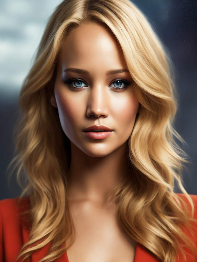 Portrait of Jennifer Lawrence, ultra realistic, blonde hair, bright makeup, detailed background