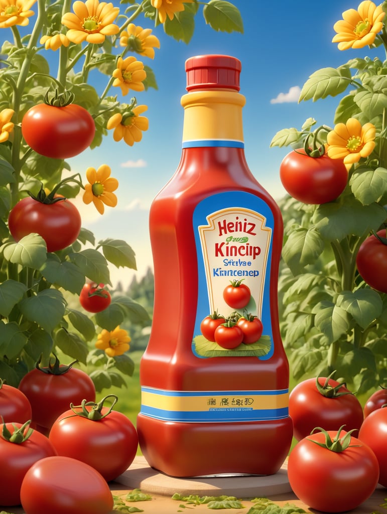 several red tomatoes stacked together forming a Heinz ketchup bottle with some leaves around it, beautiful tomato plantation in the background and a blue sky, short grass and yellow flower + yellow flowers + creamy light + ambient lighting + very beautiful colors