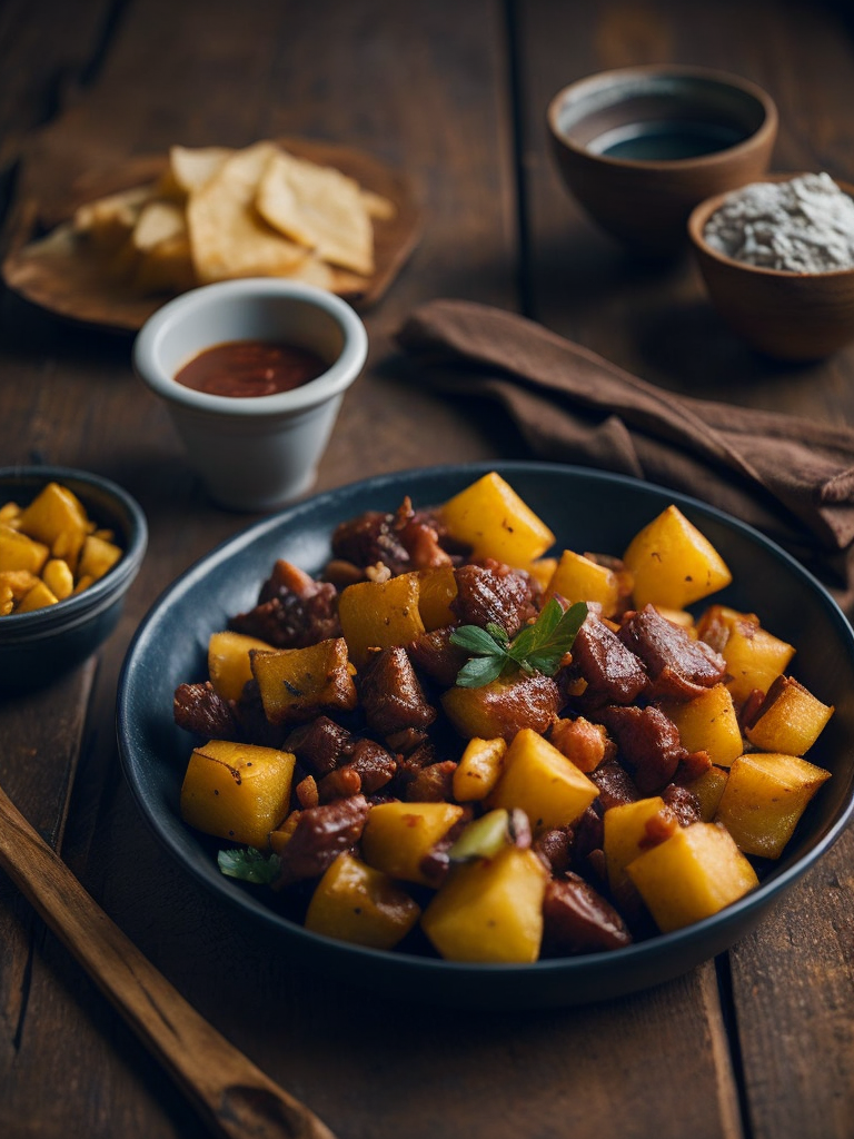 fried potatoes with juicy fried meat on a wooden background