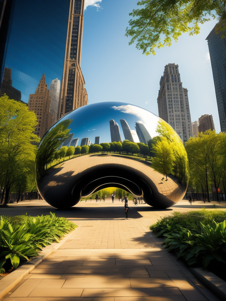 Chicago Millennium Park, Cloud Gate, Green trees, Skyscrapers in the background, Vibrant colors, Deep colors, Contrast lighting, Sunny day, High detail, Sharp details