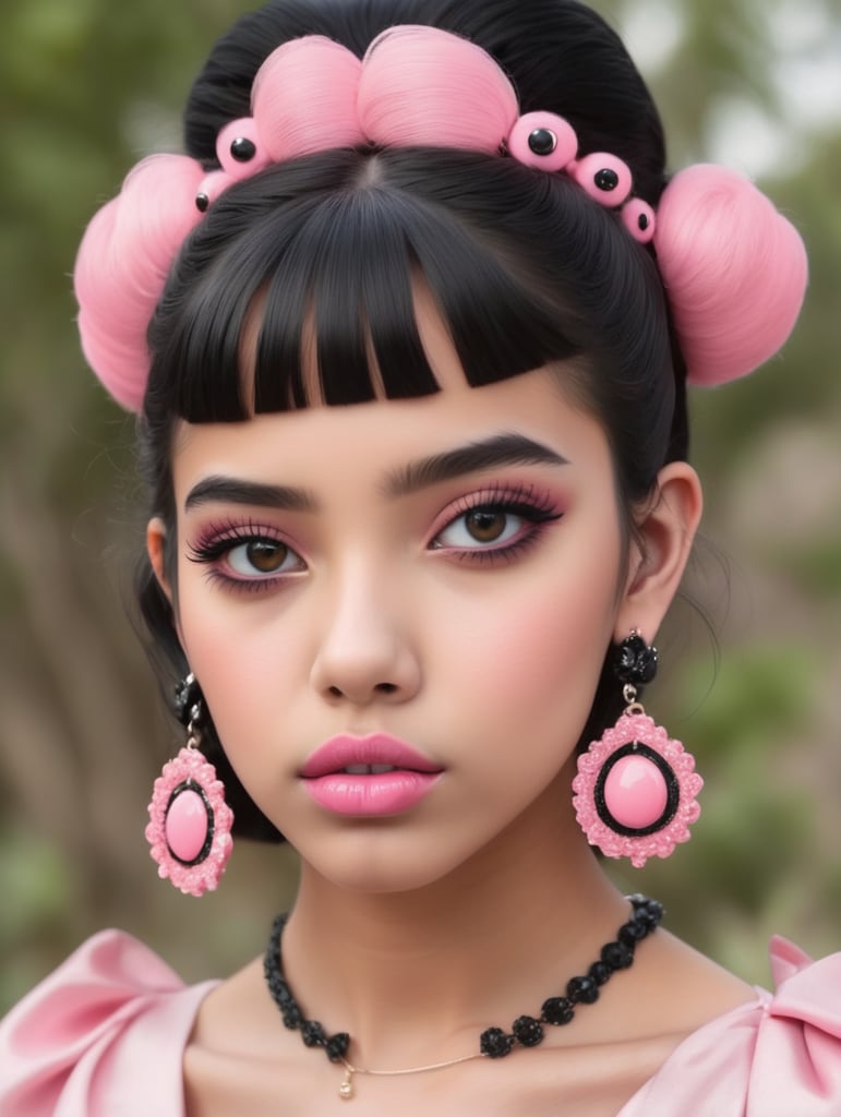 Mexican girl teenager big pink lips wears pink black hair black eyes frog earing