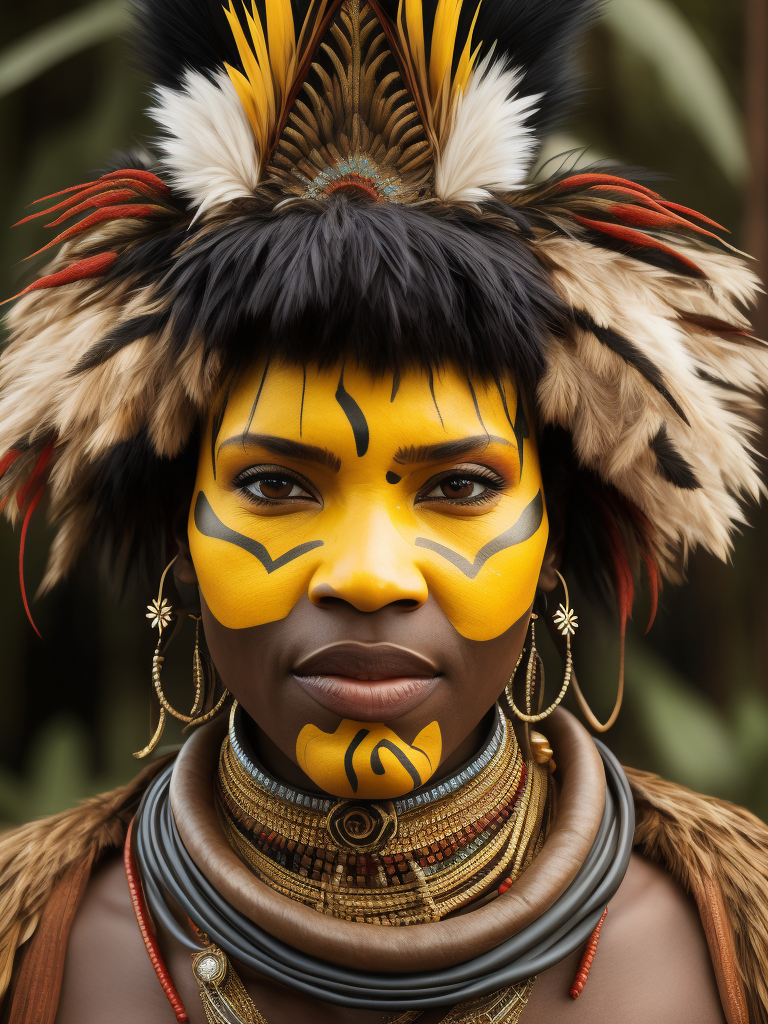 papua new guinea native person female wearing headdress, face paint, incredibly detailed , vibrant moody lighting, close up of face