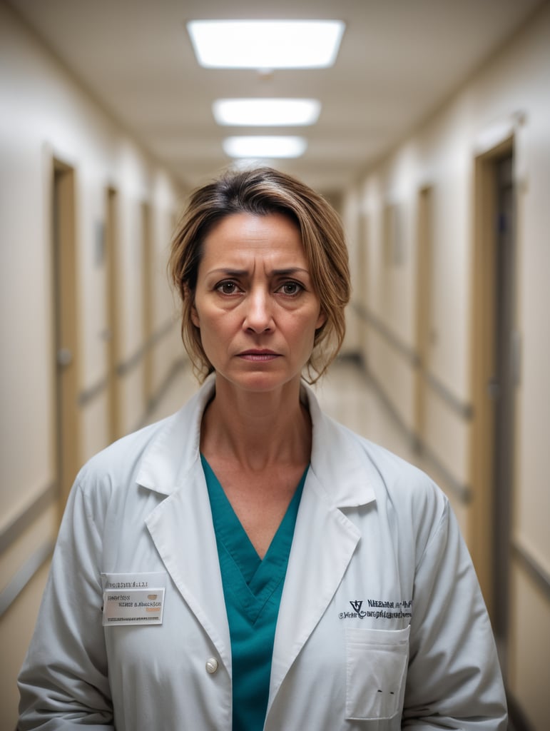 a 40-year-old female doctor, very tired, with an aged face, in a dirty white coat, unmotivated, working night shifts in a crowded hospital corridor, with many patients and nurses along the corridor