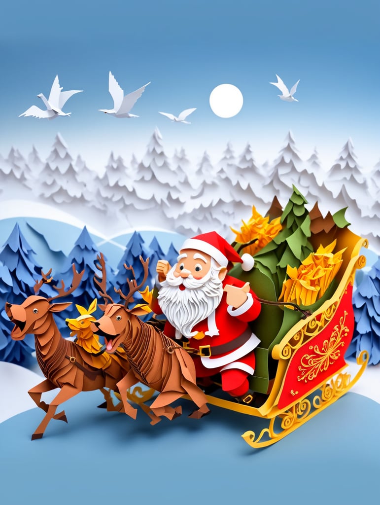 Santa Claus and Christmas elve riding sleigh in Christmas full of snow