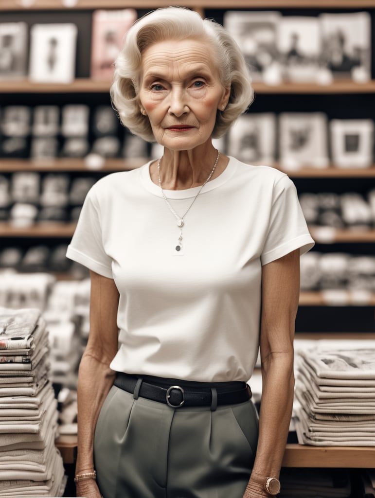 Extremely detailed photographic image, grained image, beautifully composed, monochrome image, 50's fashionable image, fashionable magazine photography, leica summicron 35mm f2.0, kodak 400tx, fashion photography, fashionable model, william s. burroughs, old woman wearing blank white T-Shirt in Clothing Store Mockup, mock up