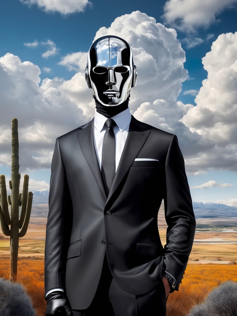 Portrait of a faceless reflective chrome - head man in a suit and black gloves, clouds and nature landscape in the background, realistic, distance, centered, hd, high resolution, high detail,