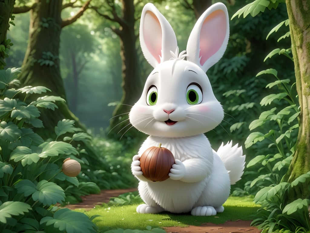 Cute white rabbit holding a nut in his hands in a green forest thick leaves lush trees nature scenery picturesque landscapes botanical beauty