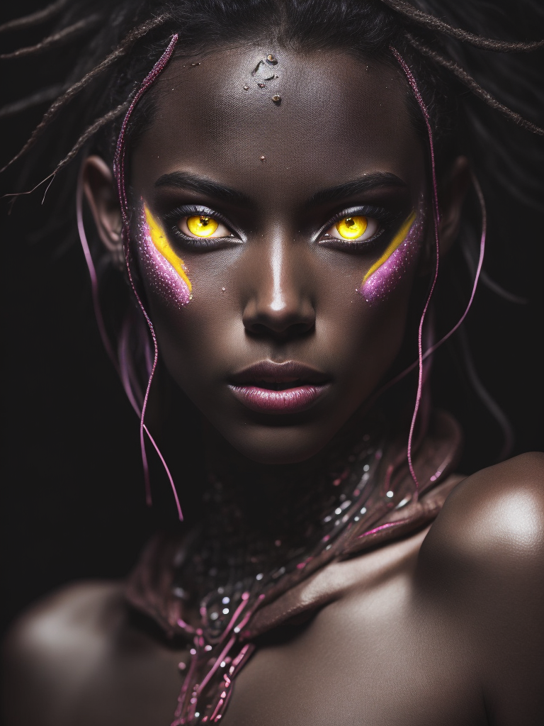 Beautiful alien girl with pink skin and yellow eyes, portrait, black background