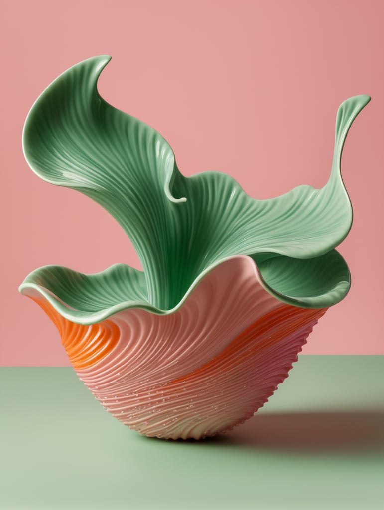 a singular object, floating in mid air, trippy, looks like a seaweed porcelain, structure, gloss, otherworldly, nature, photorealism, y2k, rave, plain pink colour background, light green, pinks, orange, baby pink