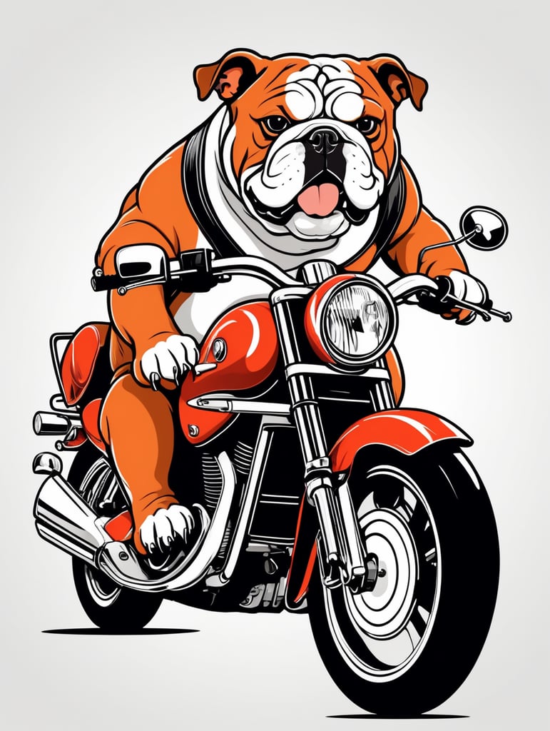 a bulldog riding a motorbike, in the style of simple line art vector comic art on white background