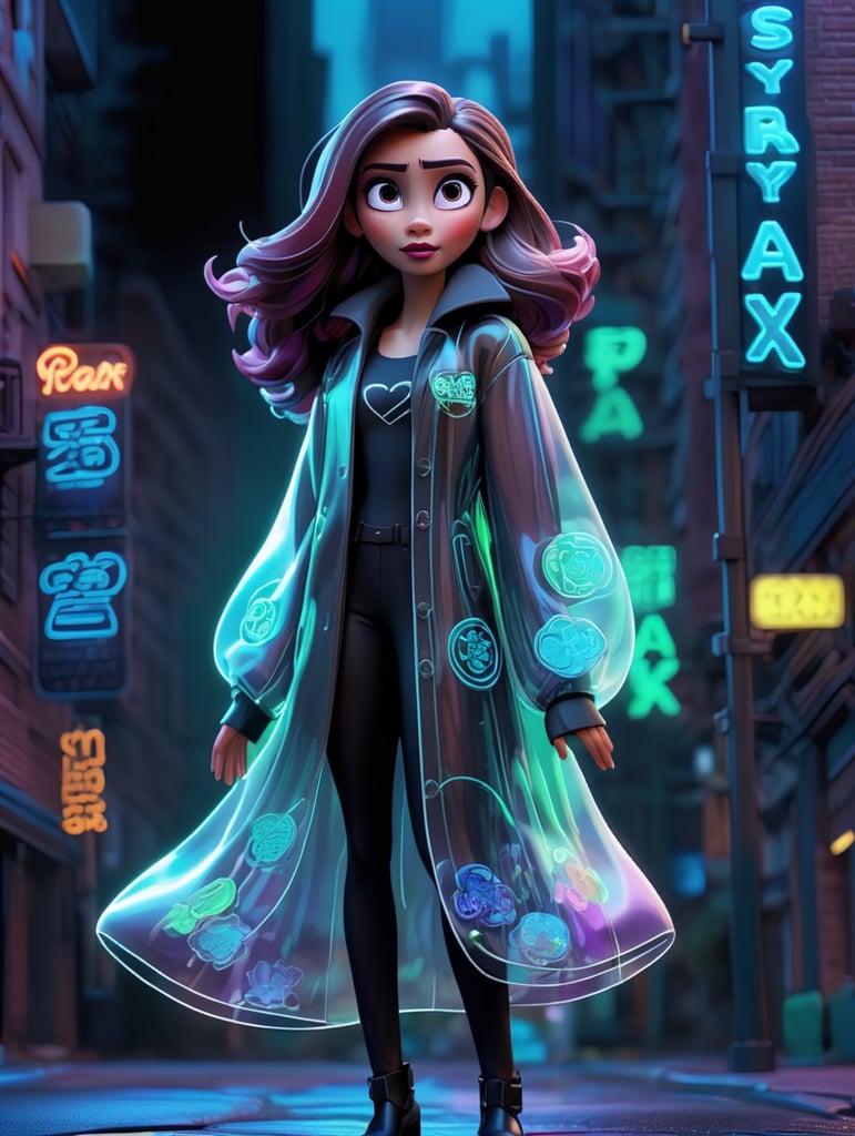 A women wearing translucent coat, standing on a street, neon cyber city, dark night, neon signs
