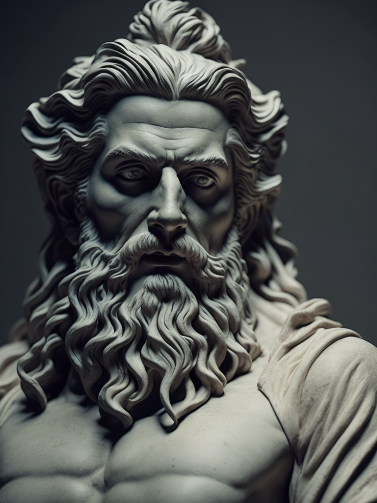 dark marble statue of zeus, dark atmosphere, sharp on details, tee shirt white
