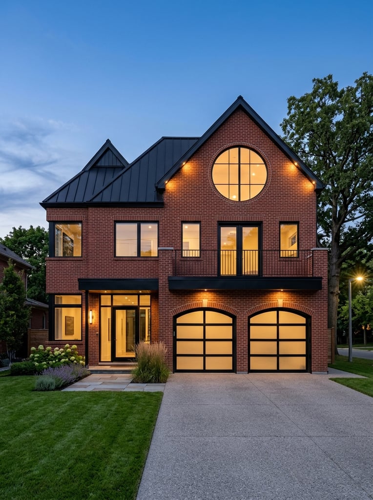 Modern two-story red brick house exterior, asymmetrical saw-tooth roofline, large circular upper window, arched glass garage doors, black metal balcony railings, warm glowing interior lights, concrete driveway, manicured green lawn, clear blue twilight sky, straight-on architectural photography