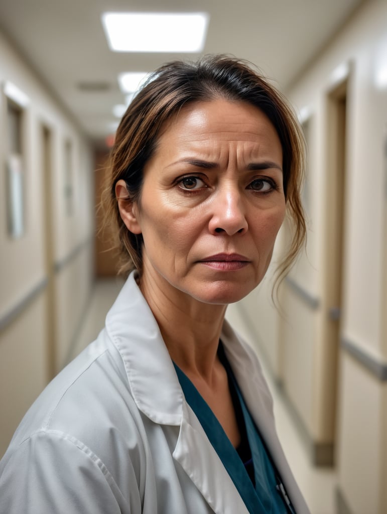 a 40-year-old female doctor, very tired, with an aged face, in a dirty white coat, unmotivated, working night shifts in a crowded hospital corridor, with many patients and nurses along the corridor