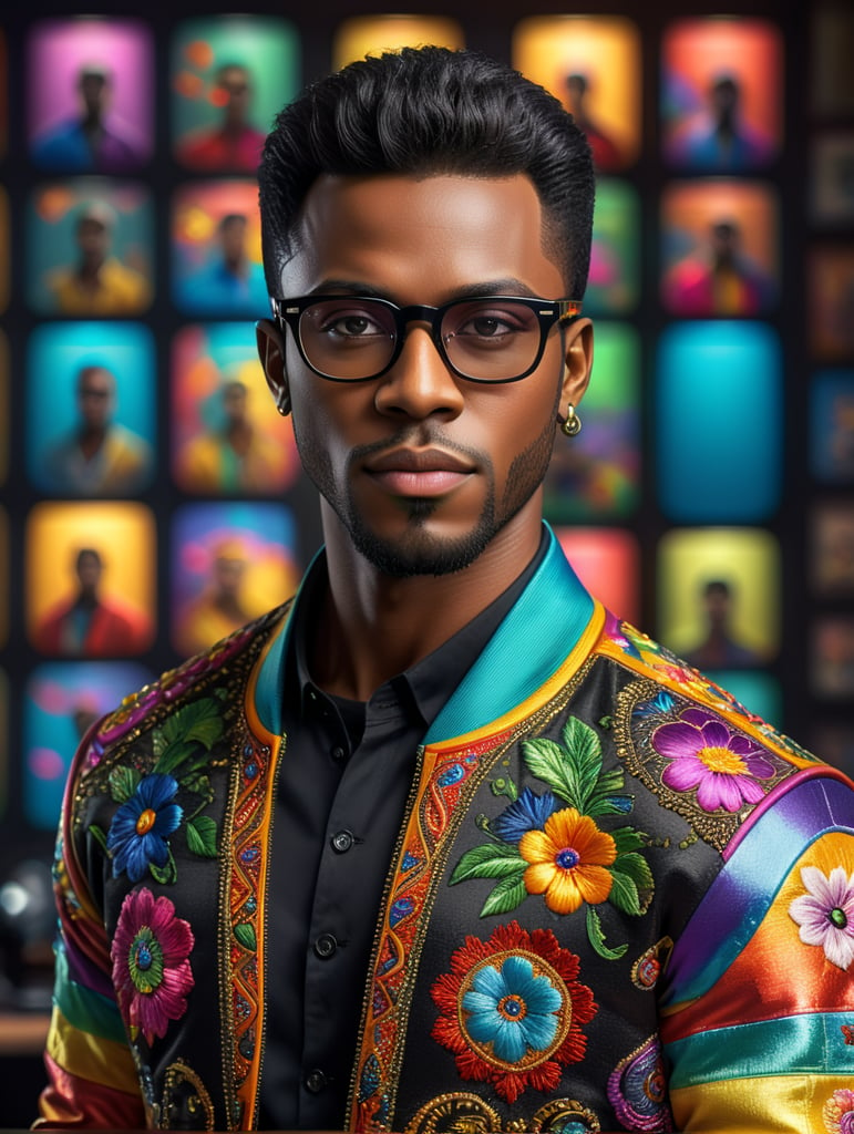 Beautiful black man with straight hair combed to the side, wearing square black glasses, wearing a colorful, vibrant and detailed embroidered jacket, using a computer, Disney Pixar 3d style image