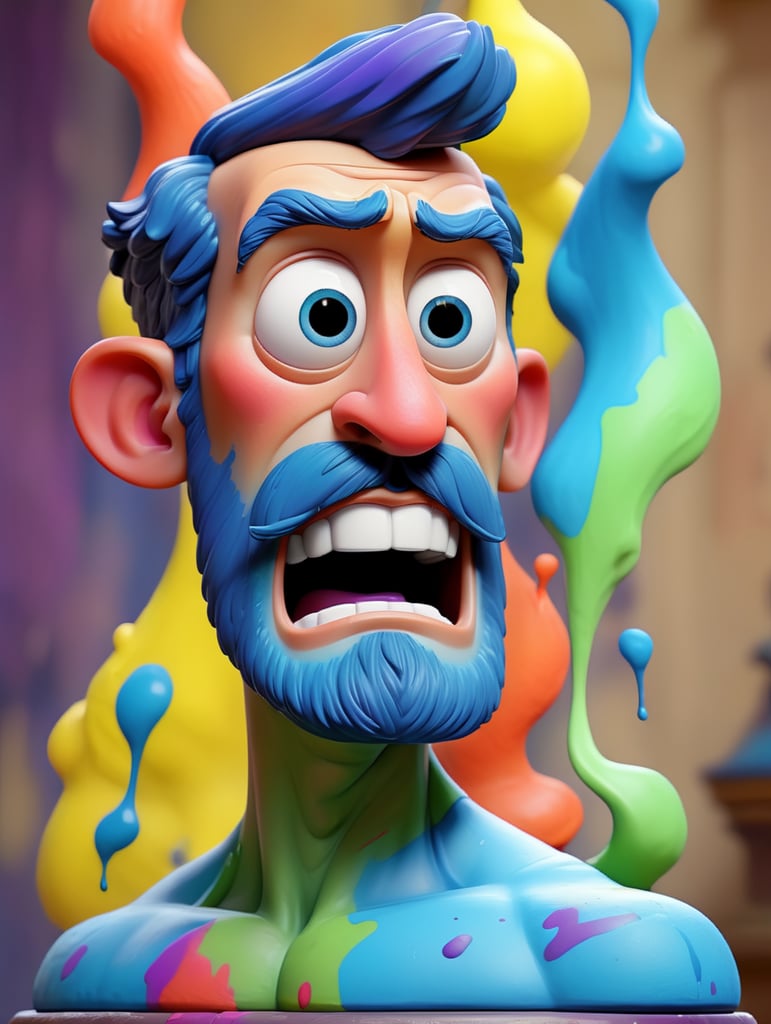 greek male bust with colorful paint, melted, the paint is flowing, aesthetic background