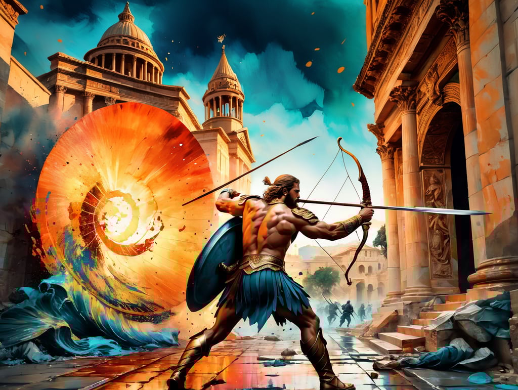 Van Goh style painting of Achilles killing Hector, as is narrated in the Iliad, behind the walls of Troy, only two people in the picture. Hyperrealistic