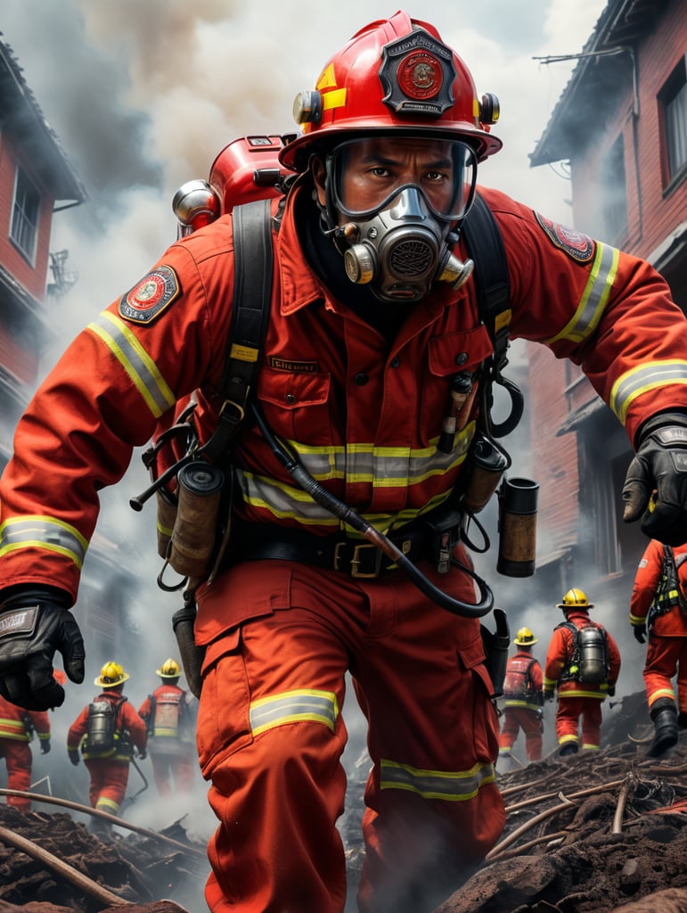 firefighter red clothes, low angle, indonesian human