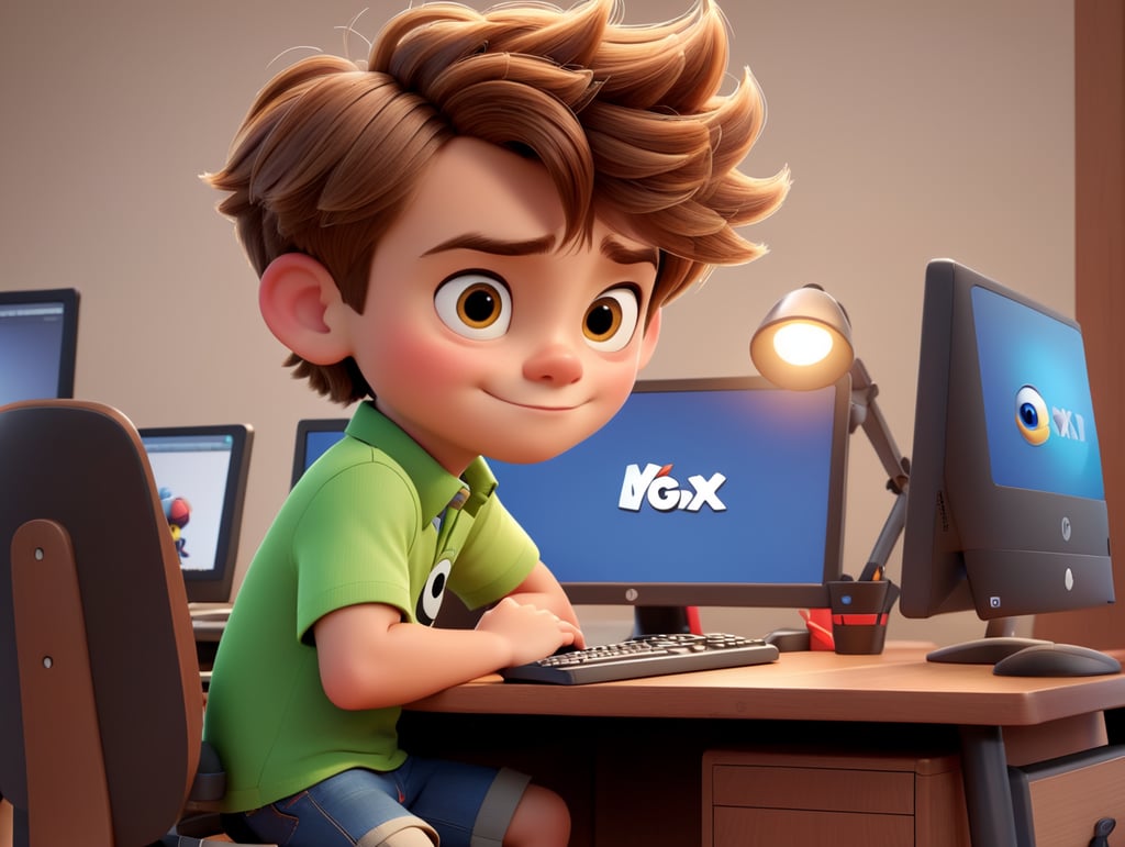 boy disney pixar style, light brown hair, in desk with computer