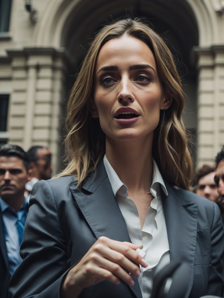 A photorealistic illustration of the Italian prime minister, Giorgia Meloni, making a speech in front of the Italian Parliament. She is speaking about the decision to leave the BRI, and the crowd is cheering in the background.