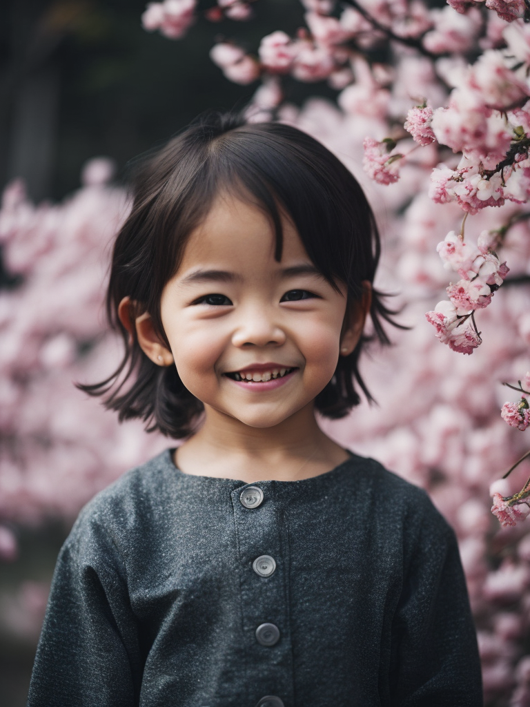 girt, 5 years old, smile, looking straight into the camera, cherry blossom background, detailed