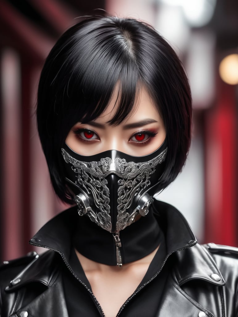 Korean vampire woman, short black hair wearing a silver mask. Covered a Her face in half . Red lenses contact . Wearing leather black jacket , in a sinister environment