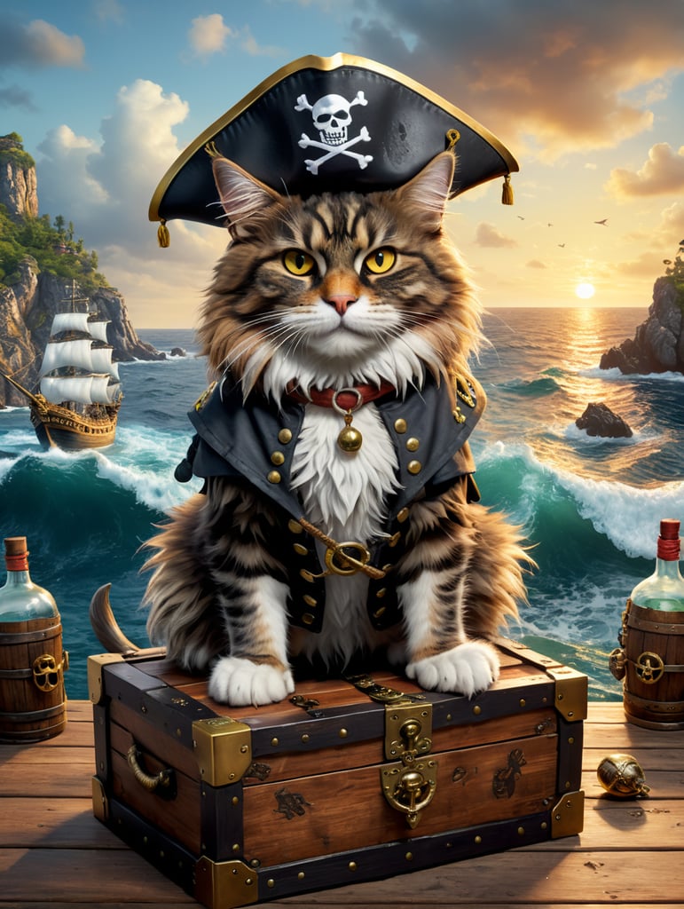 Create a 3D image of a Maine Coon cat dressed as a pirate, standing on a treasure chest. The cat should wear a pirate captain's hat, eyepatch, and have one wooden leg. Add some arrows, sea life creatures, and bottles of captured ghosts on the deck. Make the cat look dignified but slightly angry, and place it on a cut-out piece of ocean. Use soft studio colors for the background, and aim for a photorealistic, Pixar-style rendering