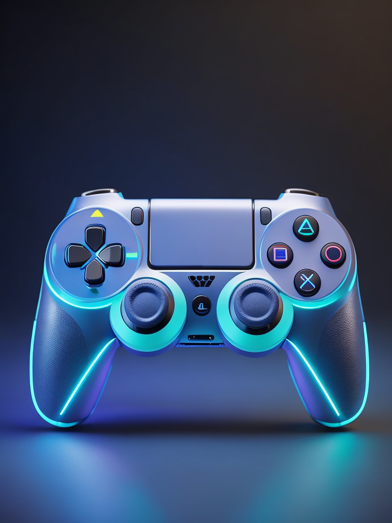 Design a futuristic, neon-colored gaming controller in the style of a playstation controller, glowing neon, semitransparent, deep vibrant colors, high details